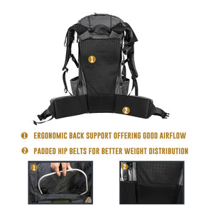 BLACK ORCA  55L+ Ultralight Ripstop Nylon Backpack Rucksack